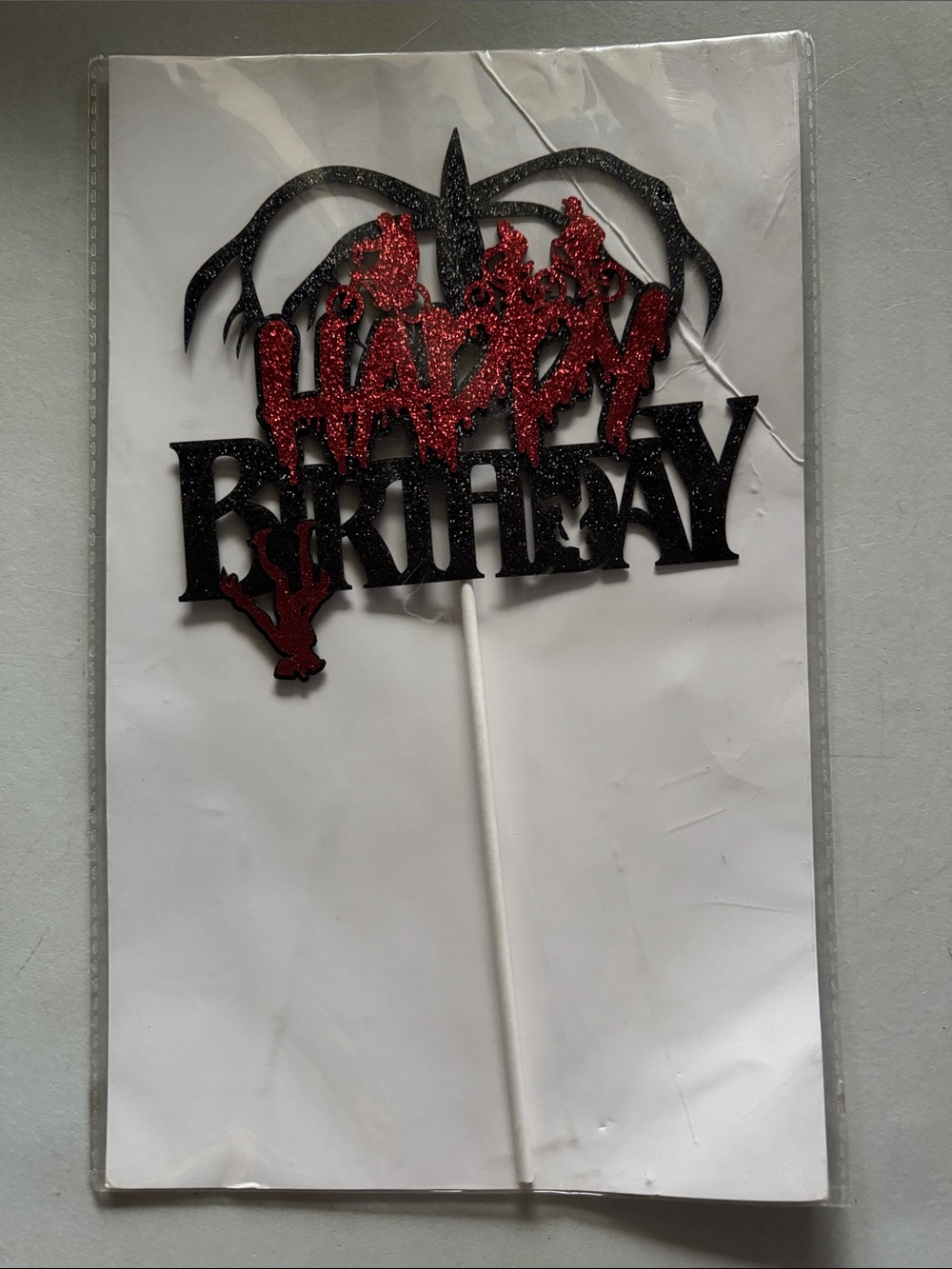 Glitter "Stranger Things Happy Birthday" Cake Topper - Black & Red